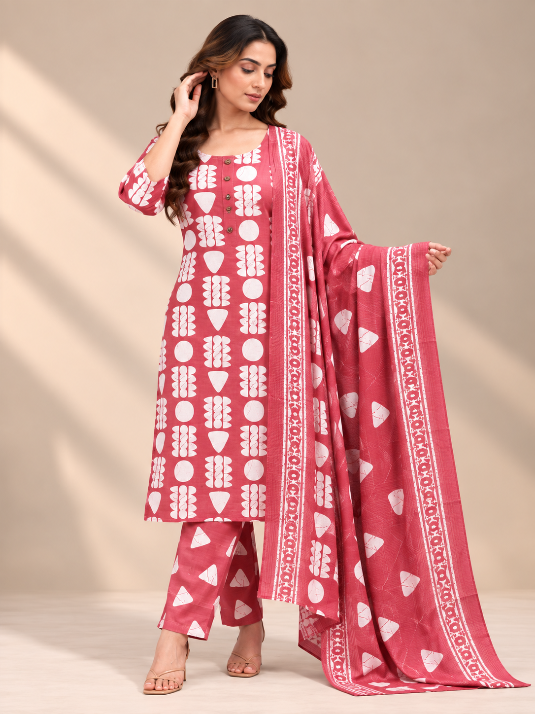 BRICK RED ABSTRACT FLORAL PRINTED COTTON-BLEND SALWAR SET