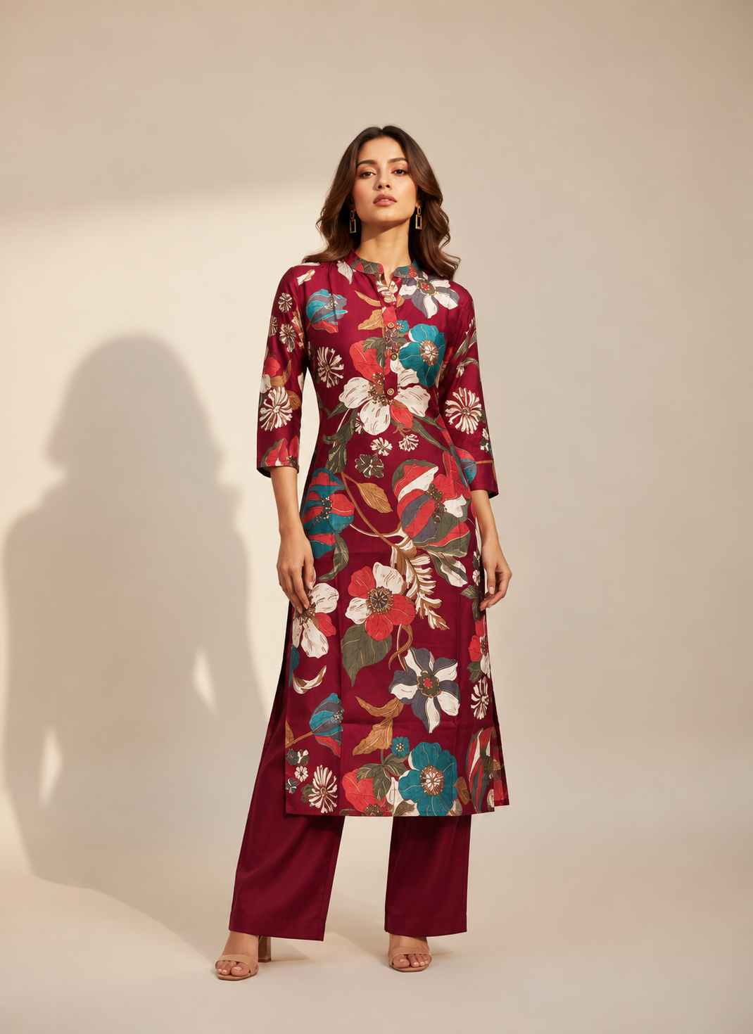 MAROON FLORAL PRINTED VATICAN SILK KURTI SET