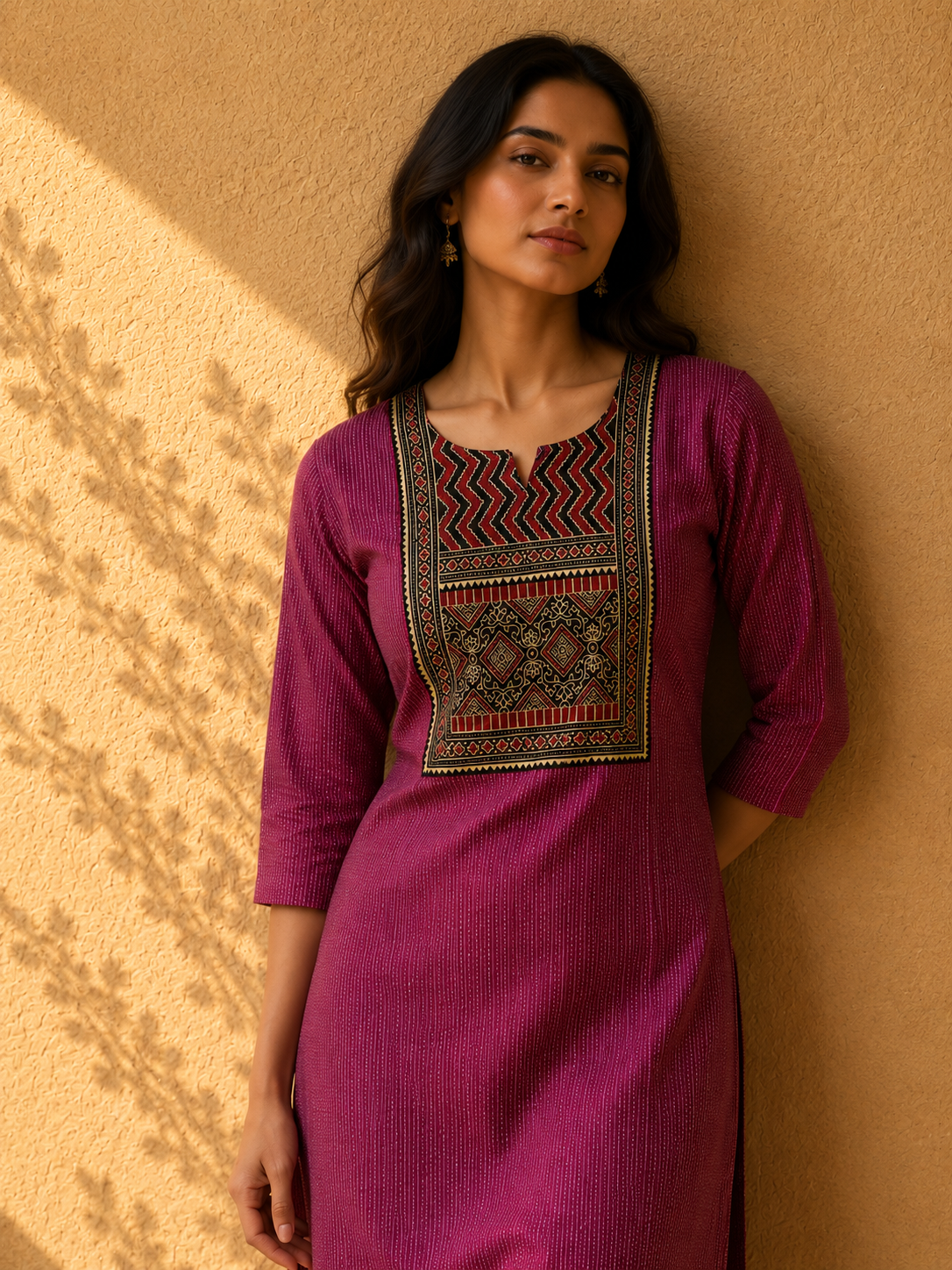 KANTHA KURTHI SET (PINK GEOMETRIC)