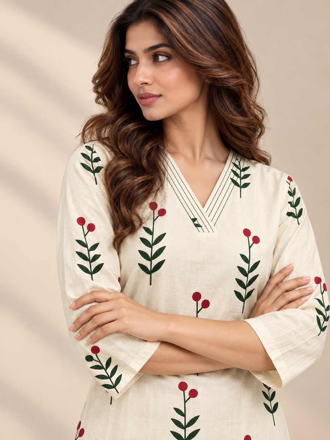 IVORY MAROON & GREEN LEAF PRINTED COTTON KURTI SET