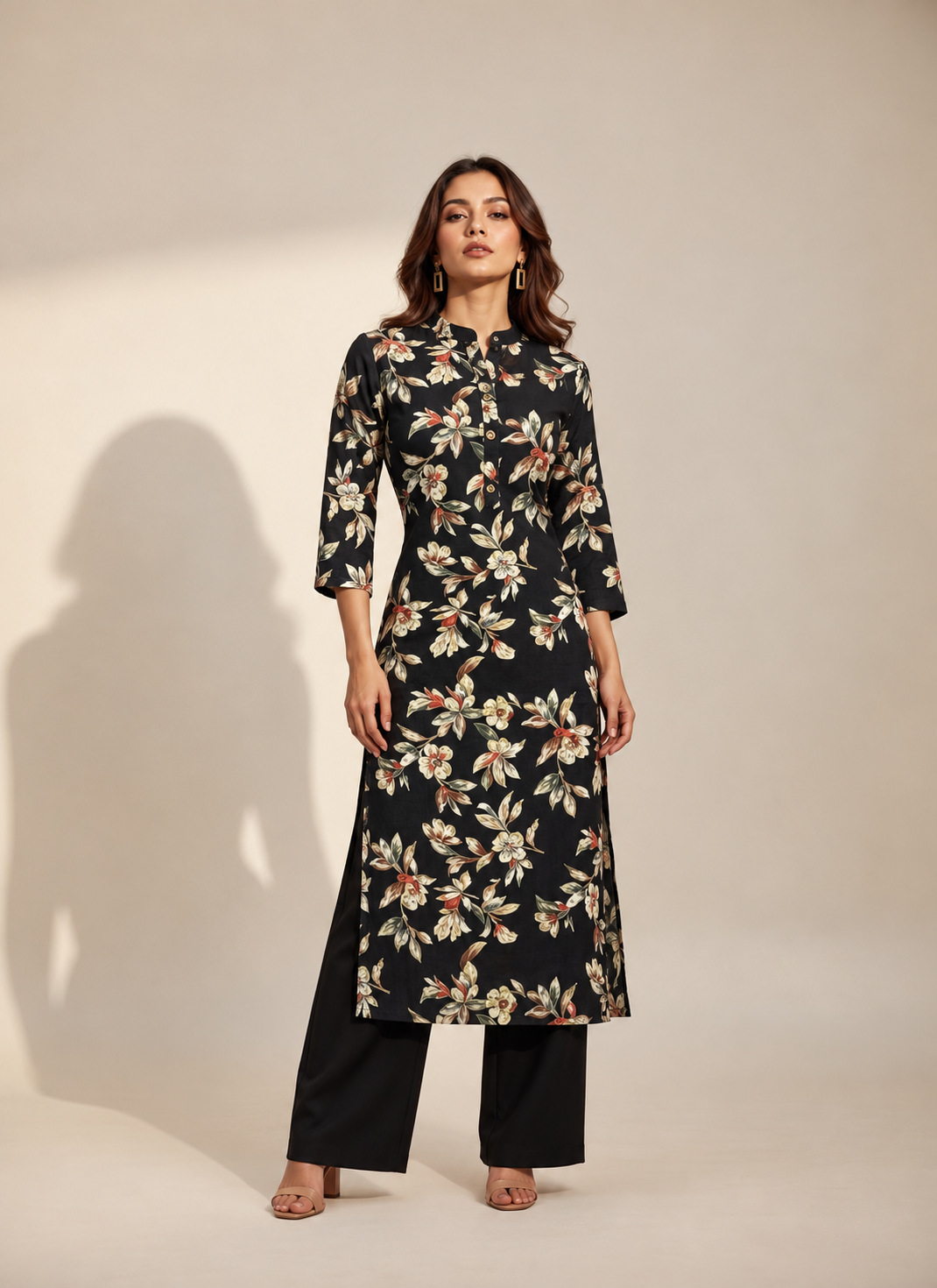 BLACK FLORAL PRINTED VATICAN SILK KURTI SET
