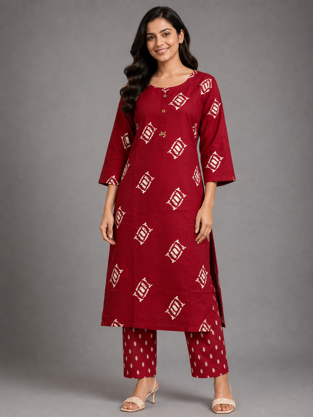 CASUAL WEAR GEOMENTRIC BRICK RED KURTHI
