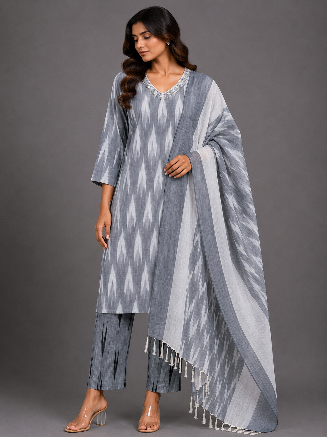 GREY IKAT HANDLOOM COTTON SUIT SET