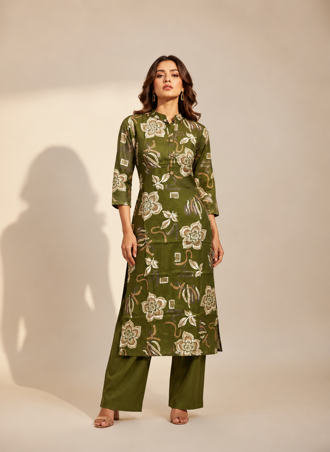 OLIVE GREEN FLORAL PRINTED VATICAN SILK KURTI SET