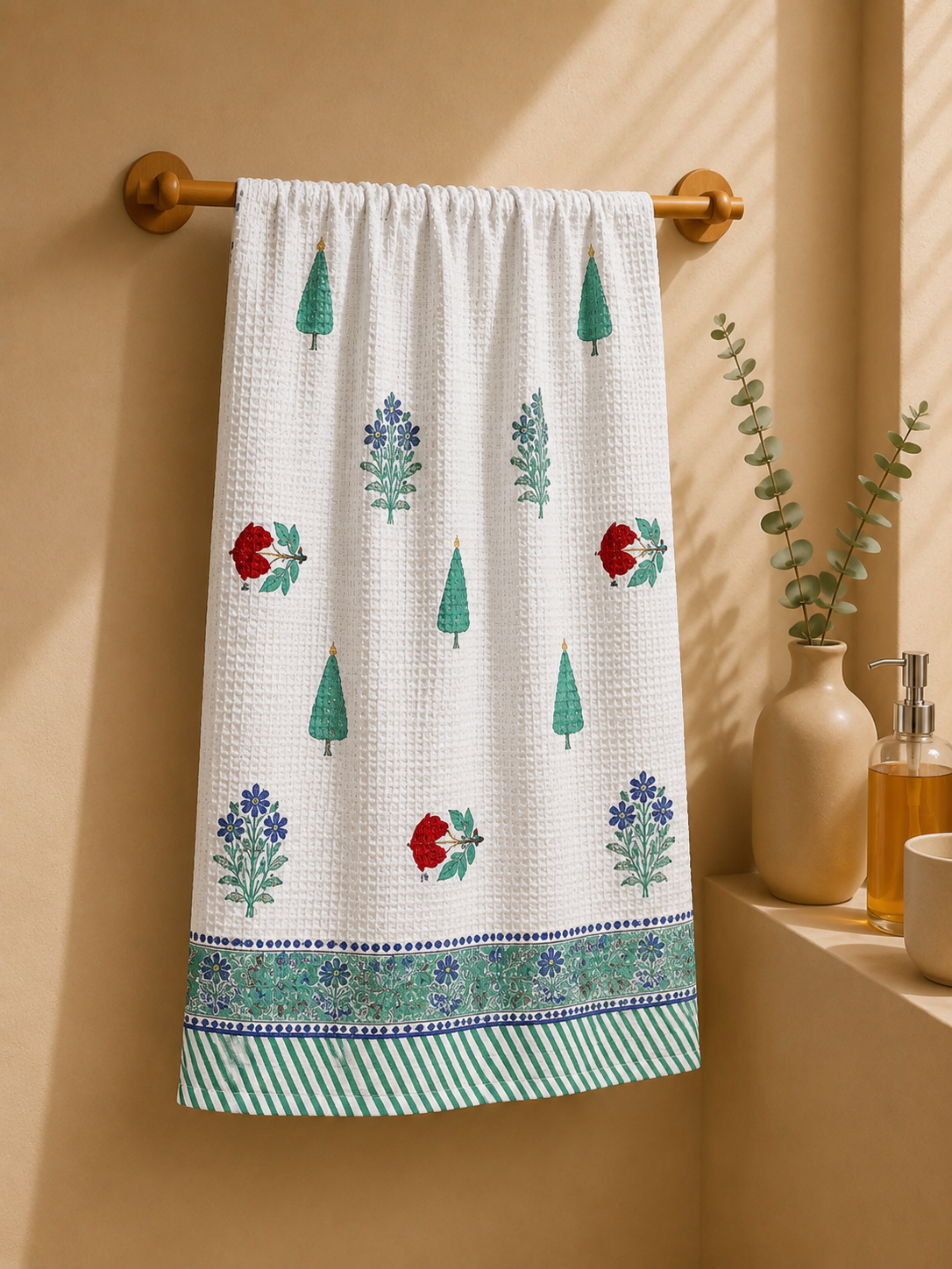COTTON WAFFLE BATH TOWEL – IVORY WHITE WITH BOTANICAL FLORAL PRINT