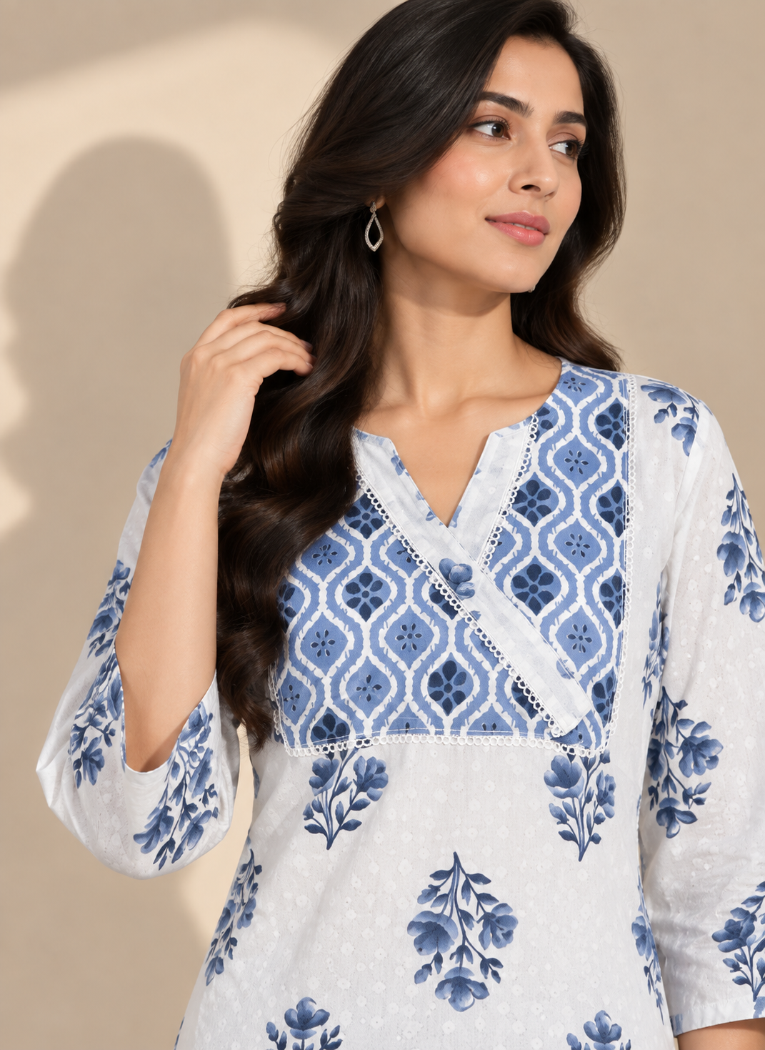 INDIGO FLORAL PRINTED COTTON BLEND KURTI SET