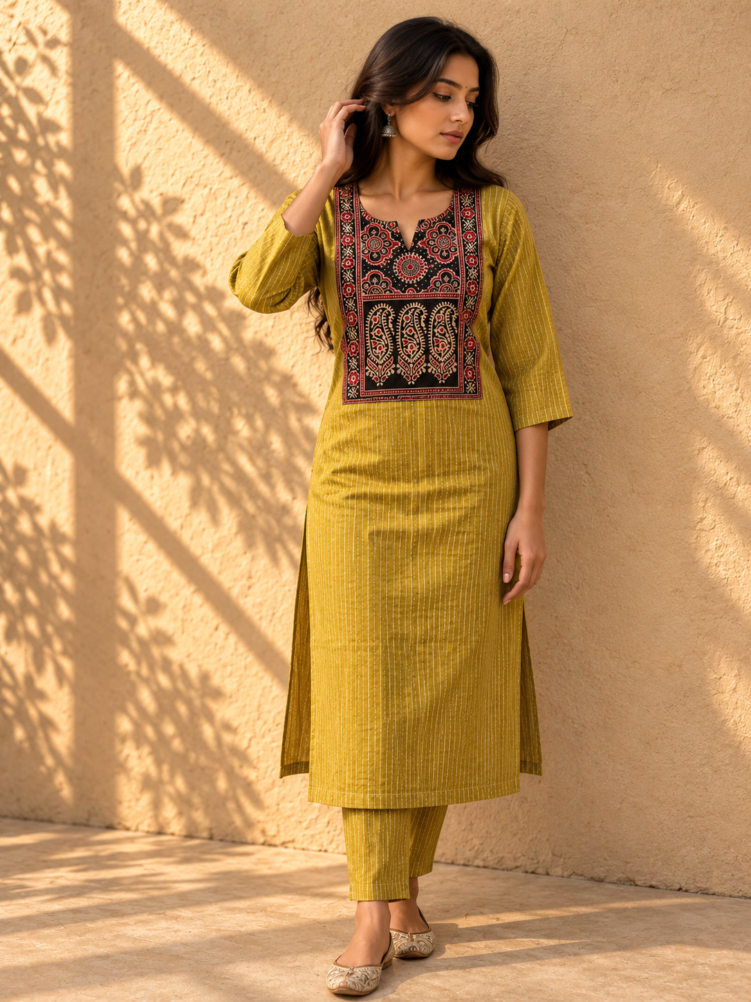 KANTHA KURTHI SET (MUSTARD MANGO)