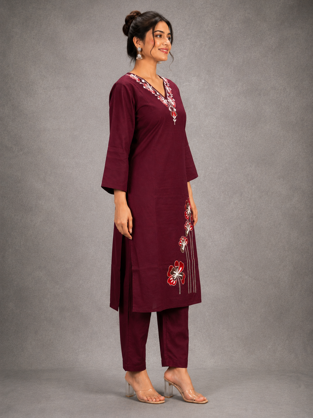 DHABU COTTON KURTHI SET (DEEP WINE)