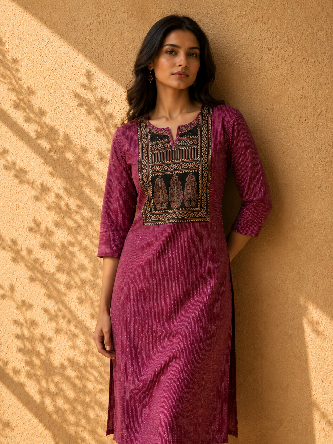 KANTHA KURTHI SET (PINKISH LEAF)