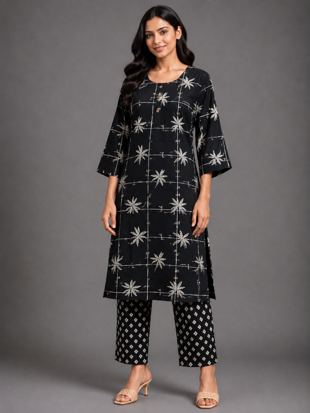 CASUAL WEAR LEAF BLACK KURTHI SET
