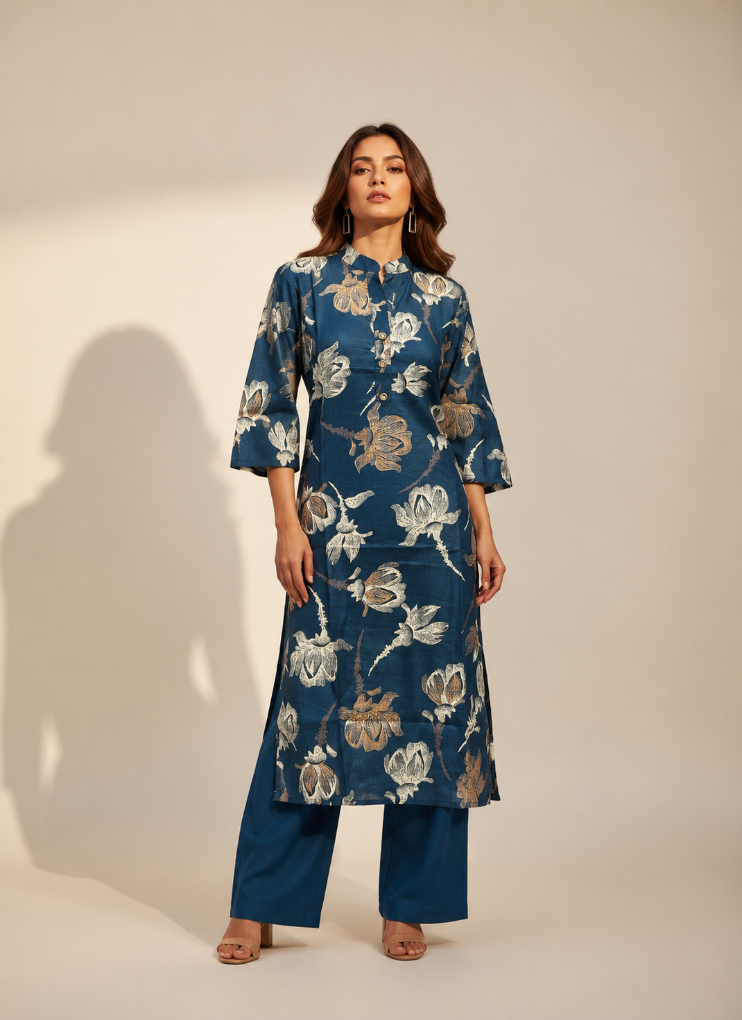NAVY BLUE FLORAL PRINTED VATICAN SILK KURTI SET