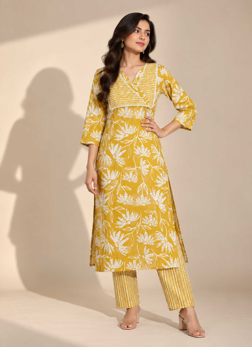 MUSTARD FLORAL PRINTED COTTON BLEND KURTI SET