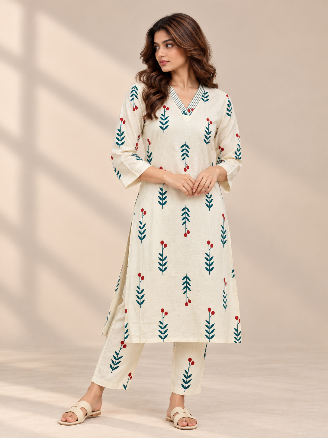 IVORY LEAF & BERRY PRINTED COTTON KURTI SET