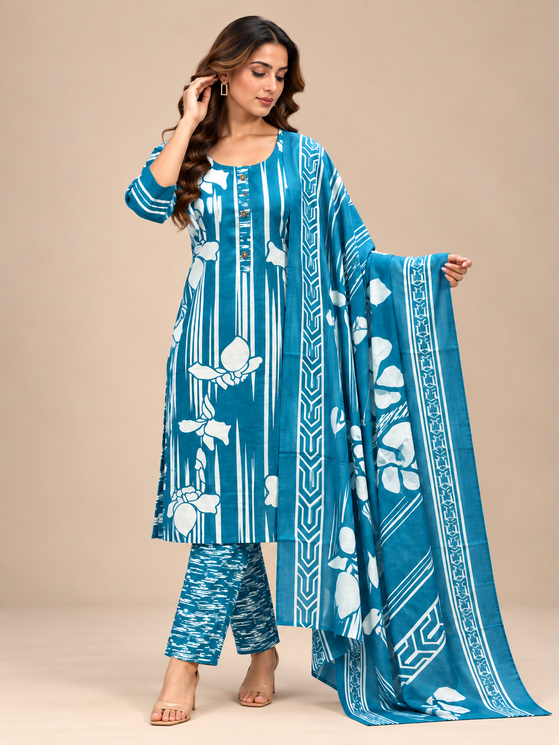 BLUE FLORAL STRIPED PRINTED COTTON-BLEND SALWAR SET