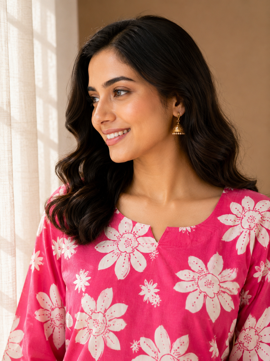 HOT PINK COTTON FLORAL PRINT CASUAL WEAR