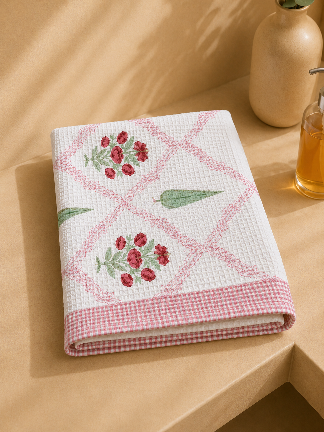 COTTON WAFFLE BATH TOWEL – IVORY WHITE WITH BLUSH PINK FLORAL PRINT