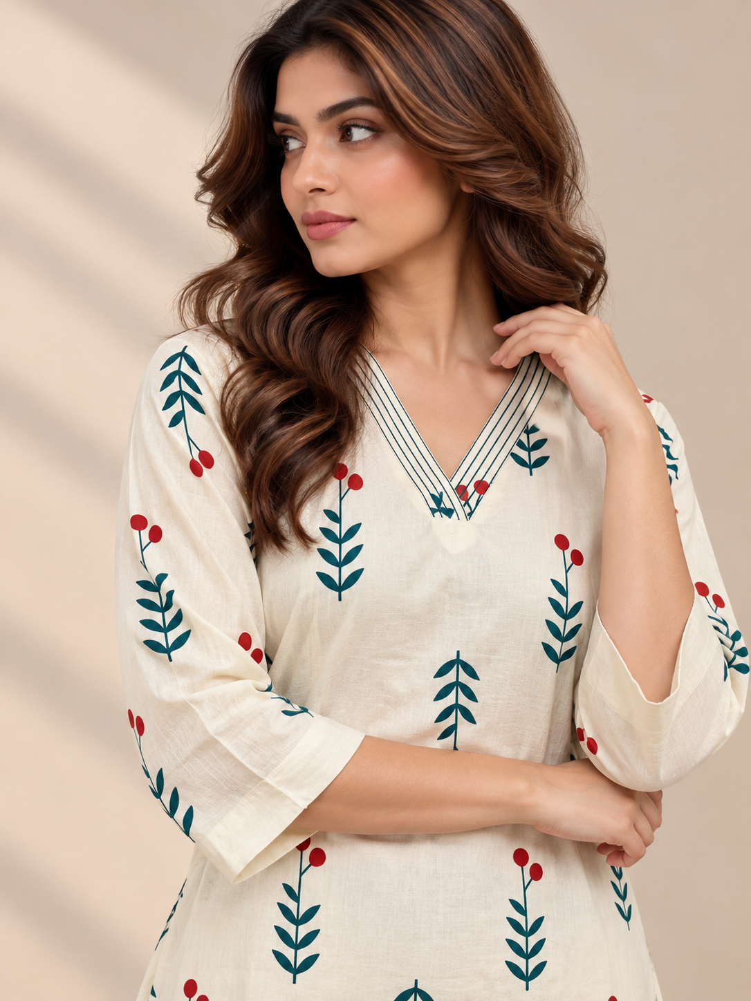 IVORY LEAF & BERRY PRINTED COTTON KURTI SET