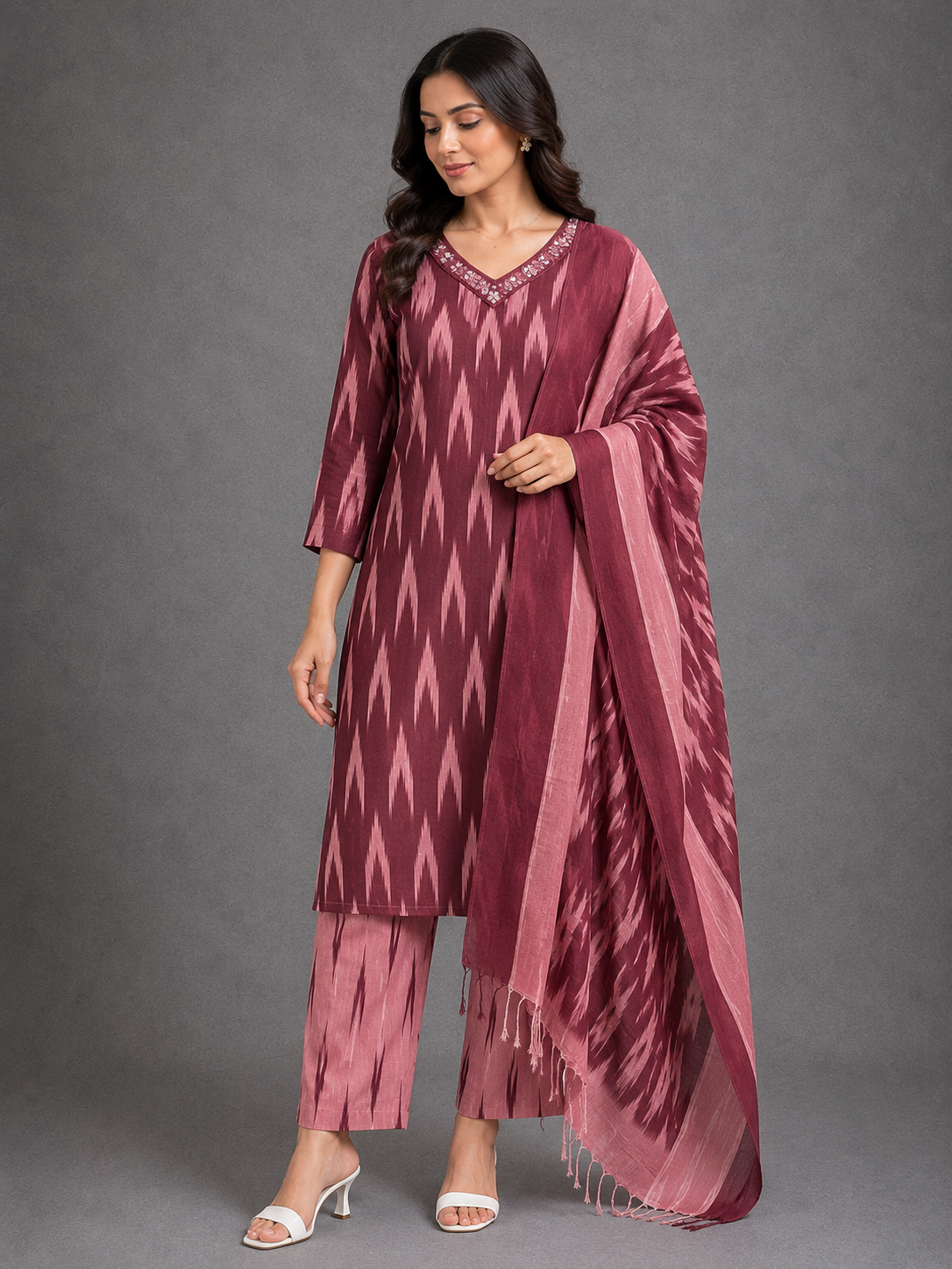 MAROON IKAT HANDLOOM COTTON SUIT SET