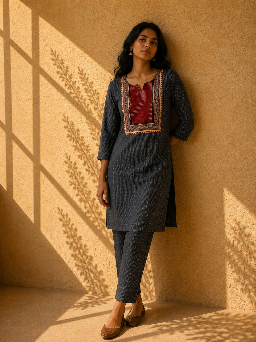 KANTHA KURTHI SET (GREY DOTS)