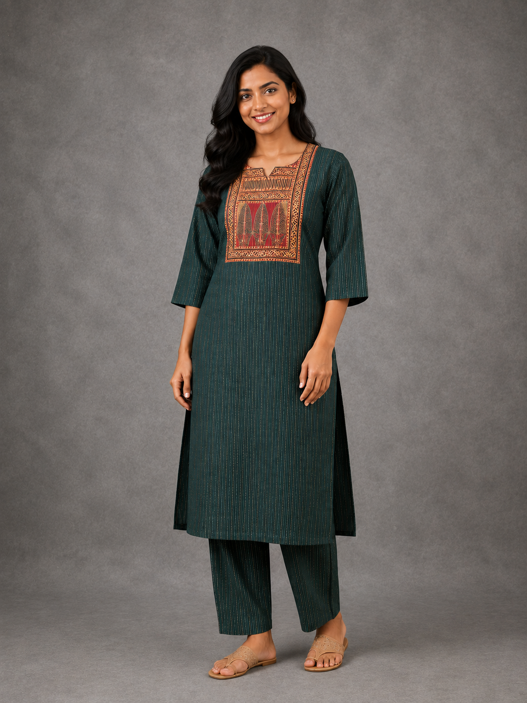 KANTHA KURTHI SET (GREEN LEAF)