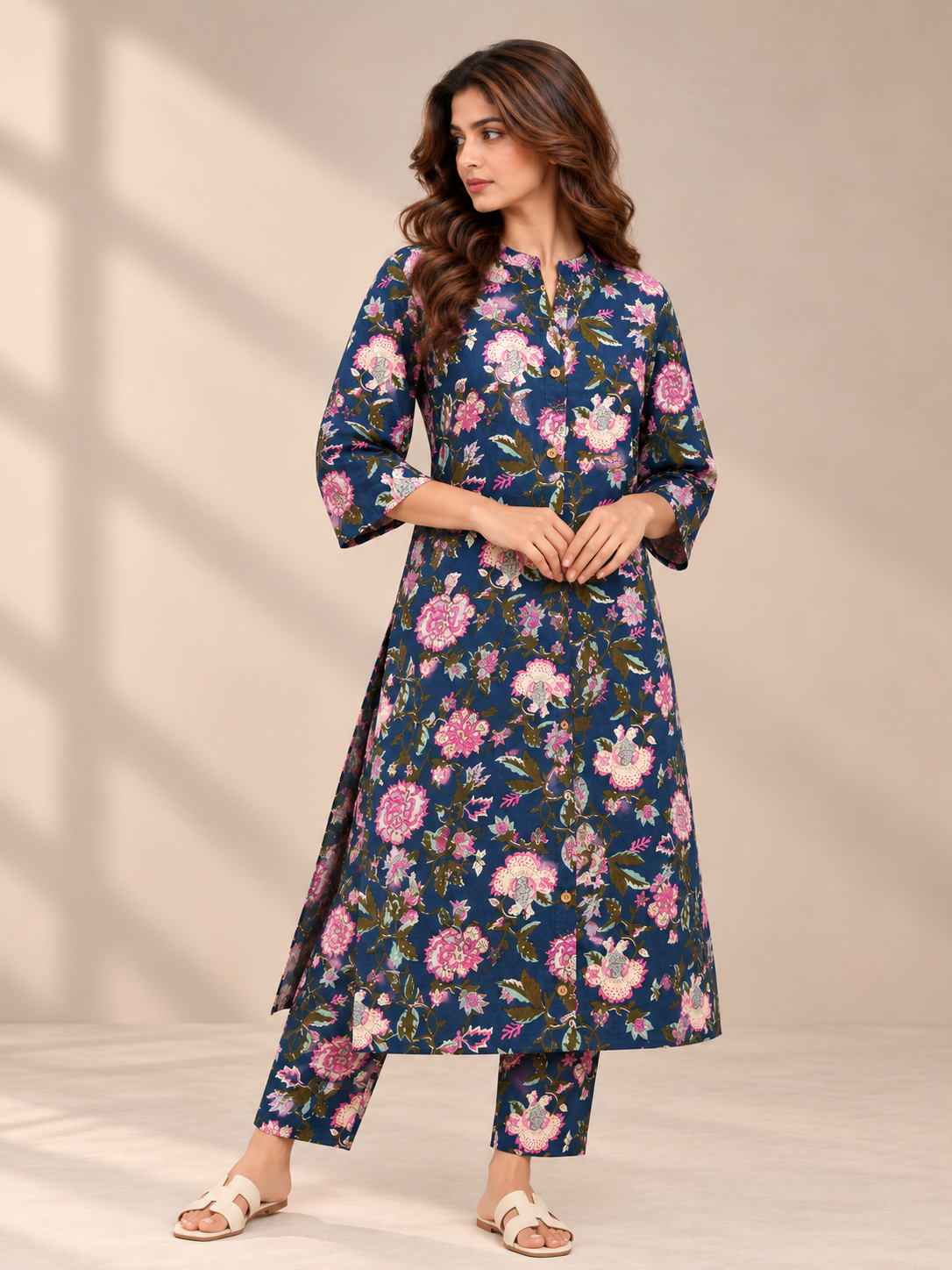 DENIM BLUE FLORAL PRINTED COTTON BLEND KURTI SET