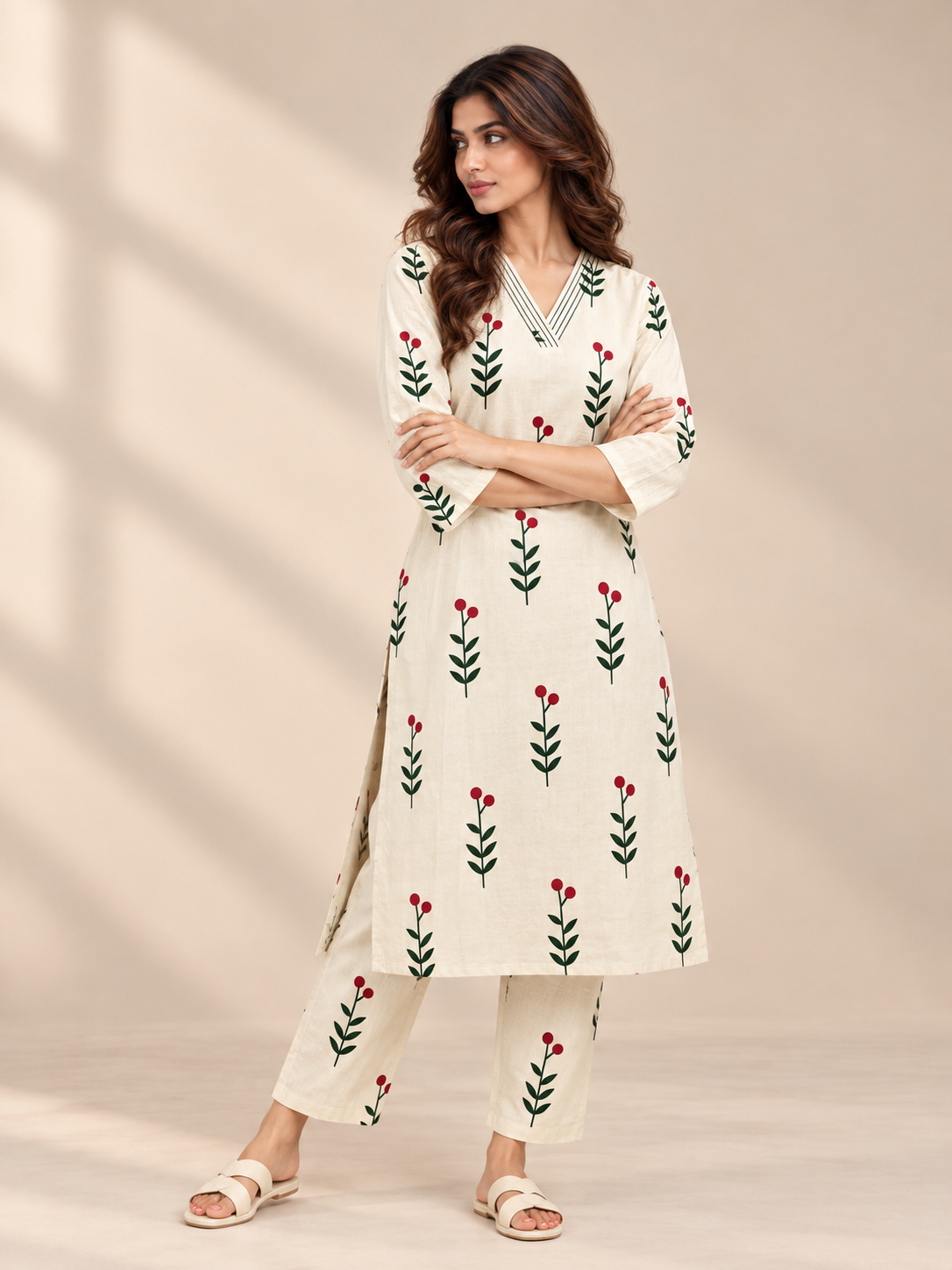 IVORY MAROON & GREEN LEAF PRINTED COTTON KURTI SET