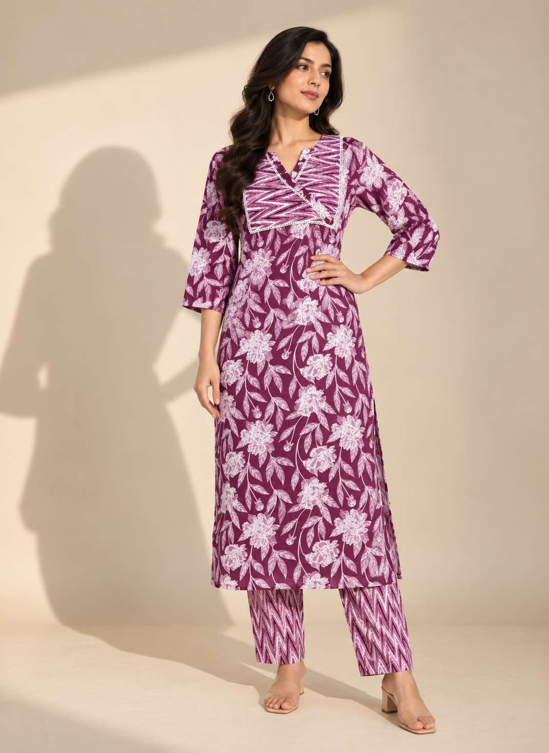 WINE ZIGZAG PRINTED COTTON BLEND KURTI SET