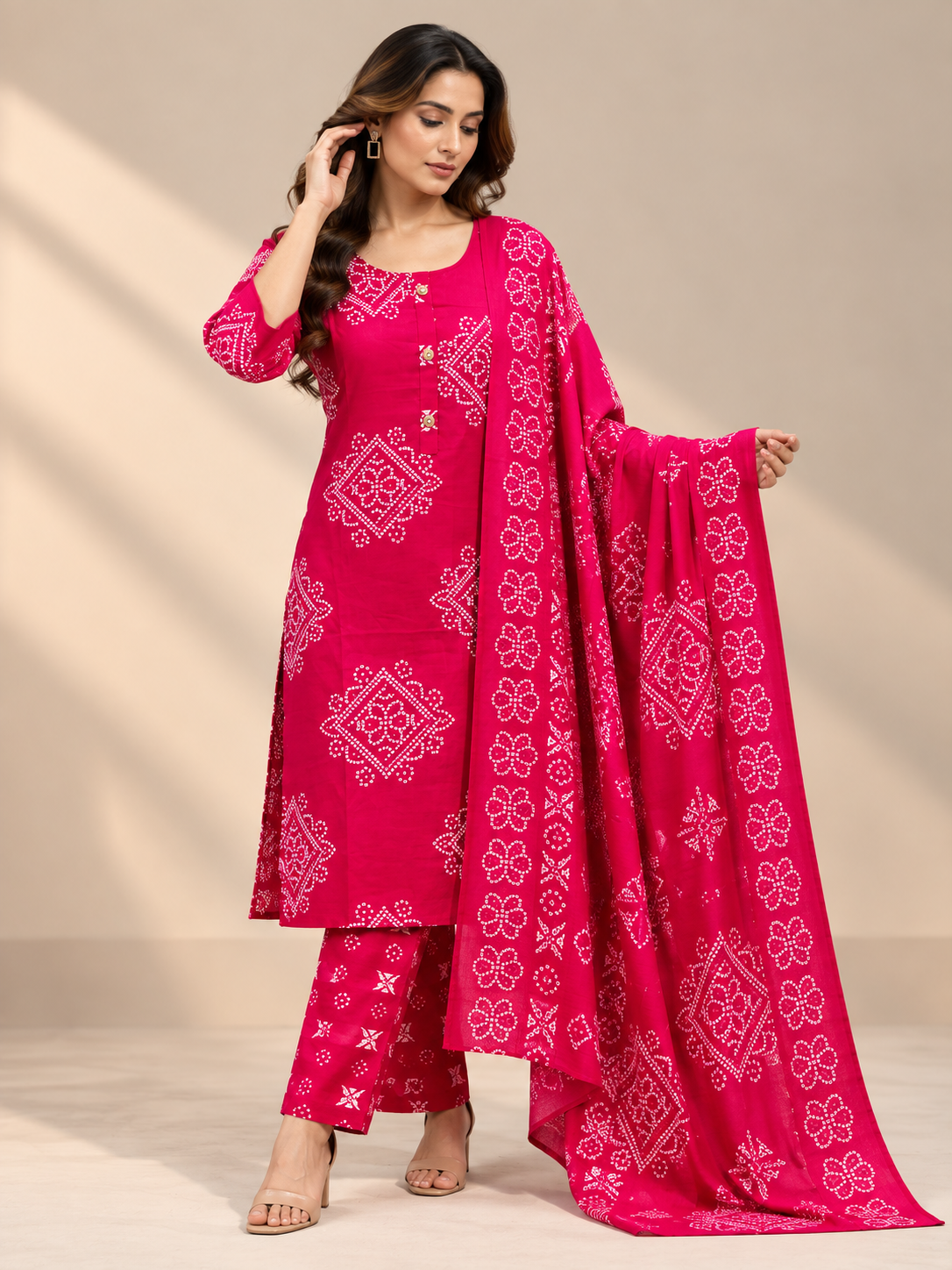 RANI PINK BANDHANI PRINTED COTTON-BLEND SALWAR SET