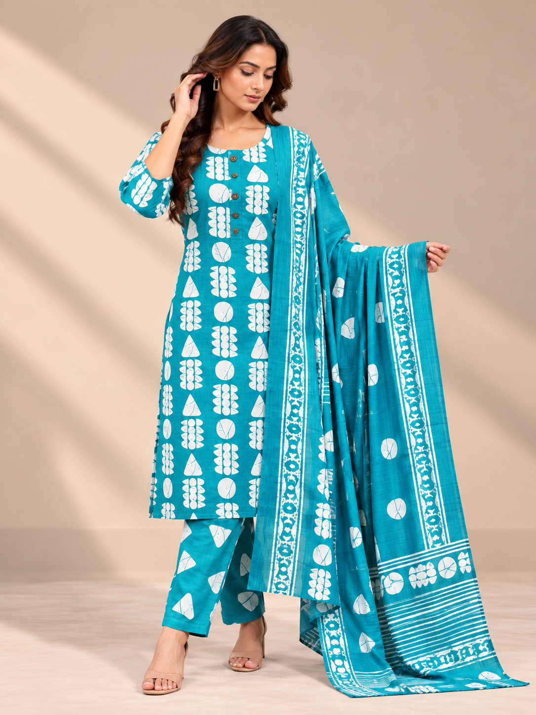 TURQUOISE BLUE ABSTRACT FLORAL PRINTED COTTON-BLEND SALWAR SET
