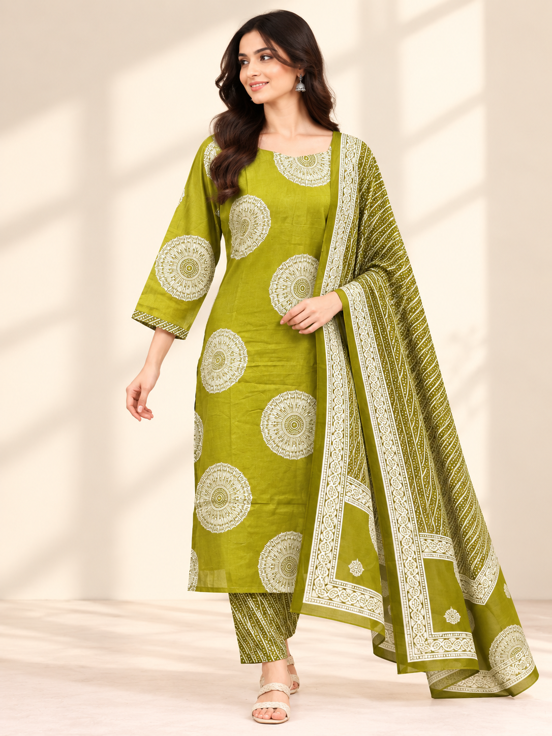 OLIVE MANDALA PRINT SALWAR SET