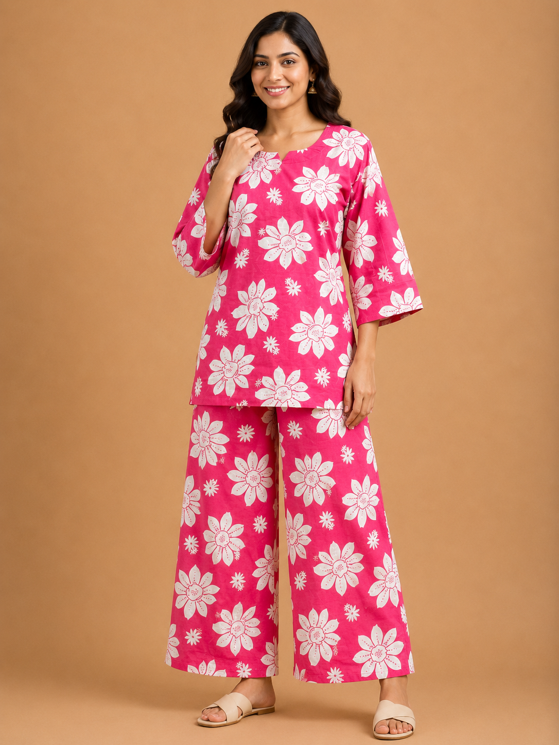 HOT PINK COTTON FLORAL PRINT CASUAL WEAR