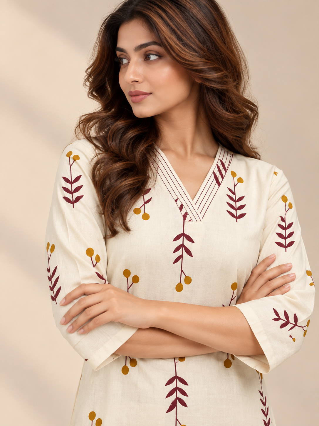 IVORY MAROON & MUSTARD LEAF PRINTED COTTON KURTI SET