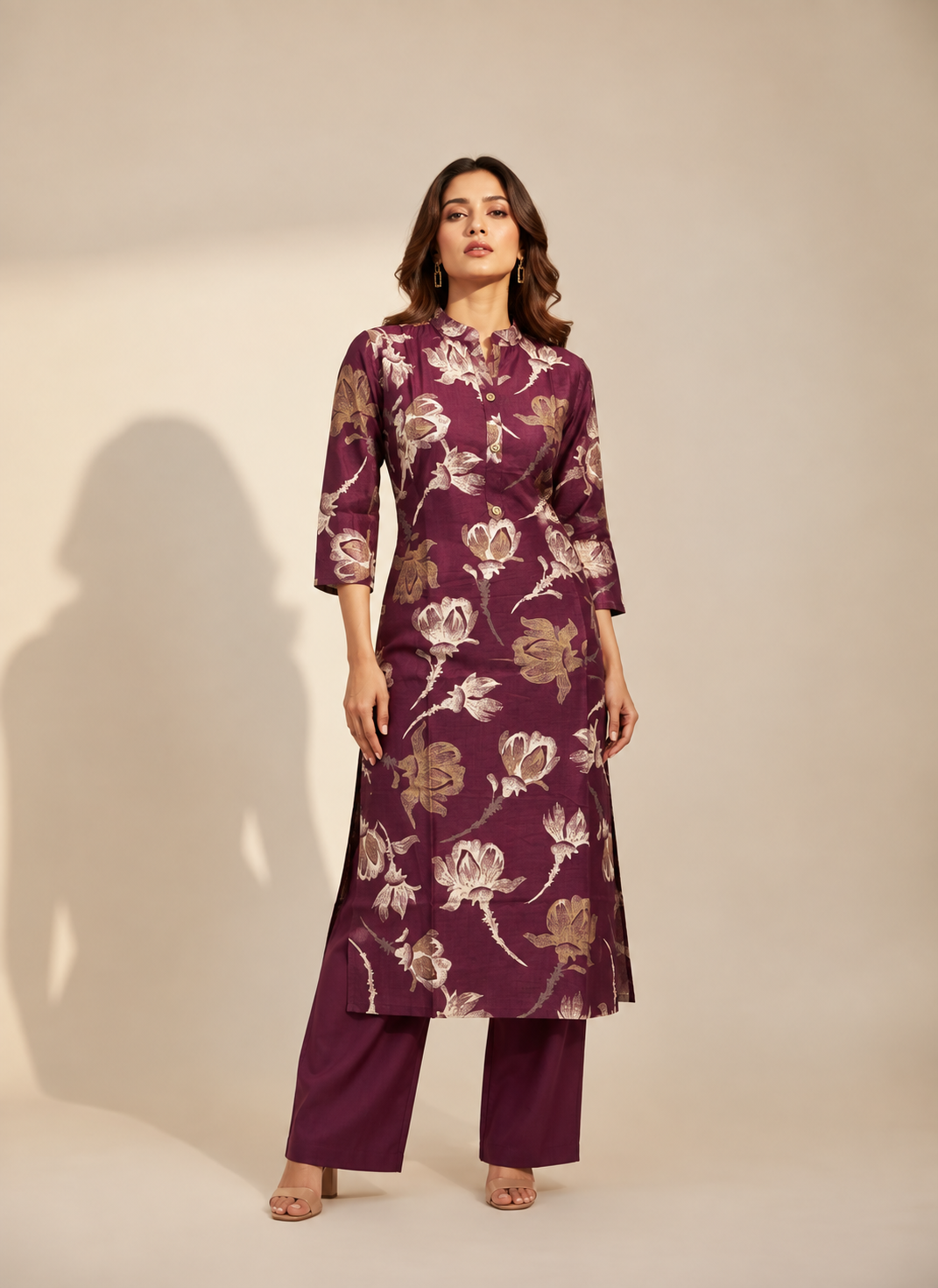 PLUM FLORAL PRINTED VATICAN SILK KURTI SET