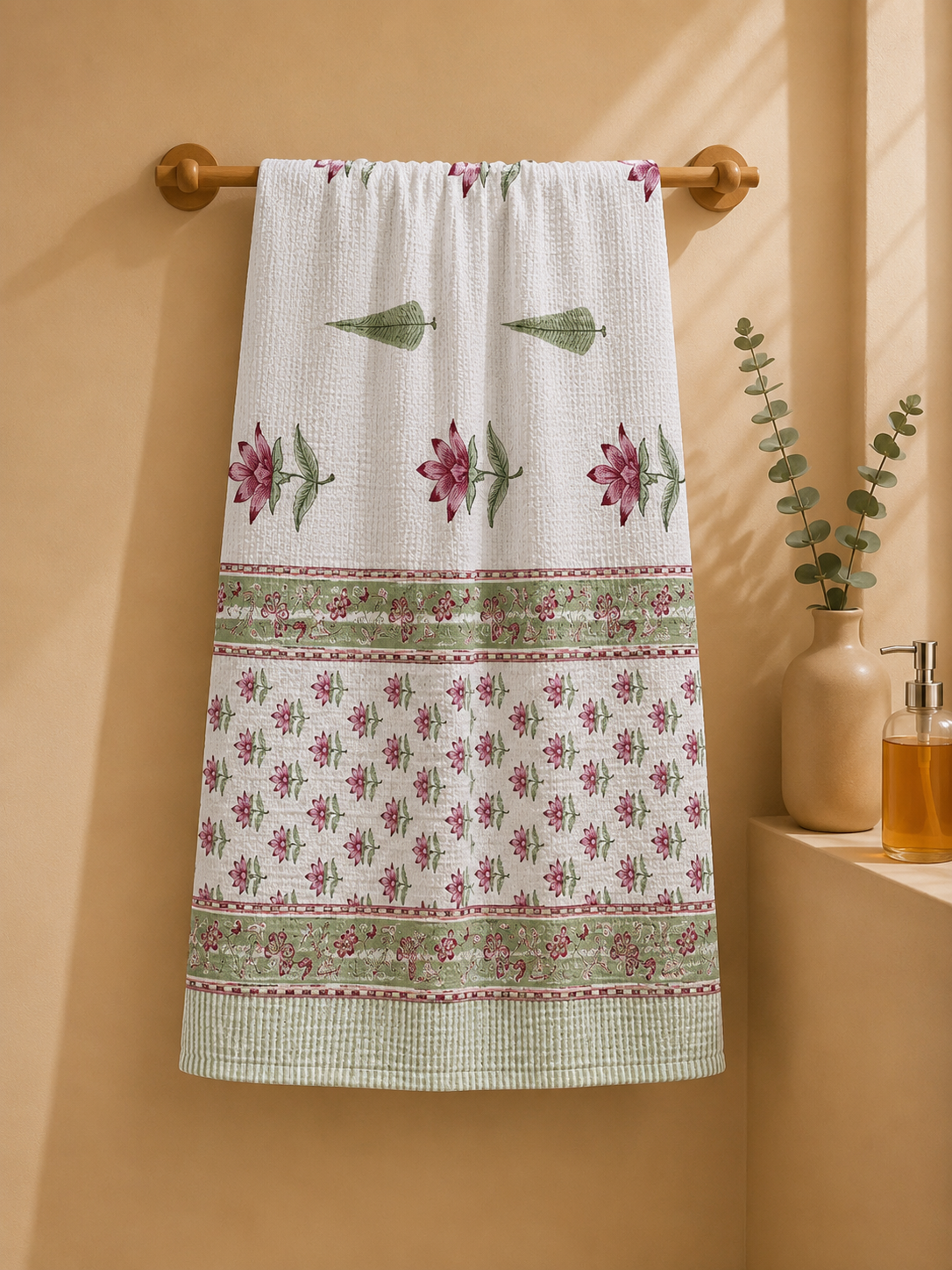 COTTON WAFFLE BATH TOWEL – IVORY WHITE WITH PINK LOTUS FLORAL PRINT