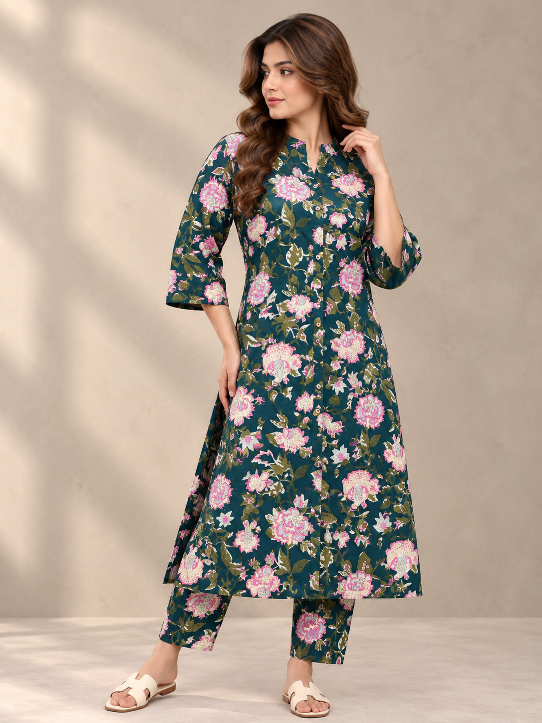 TEAL FLORAL PRINTED COTTON BLEND KURTI SET