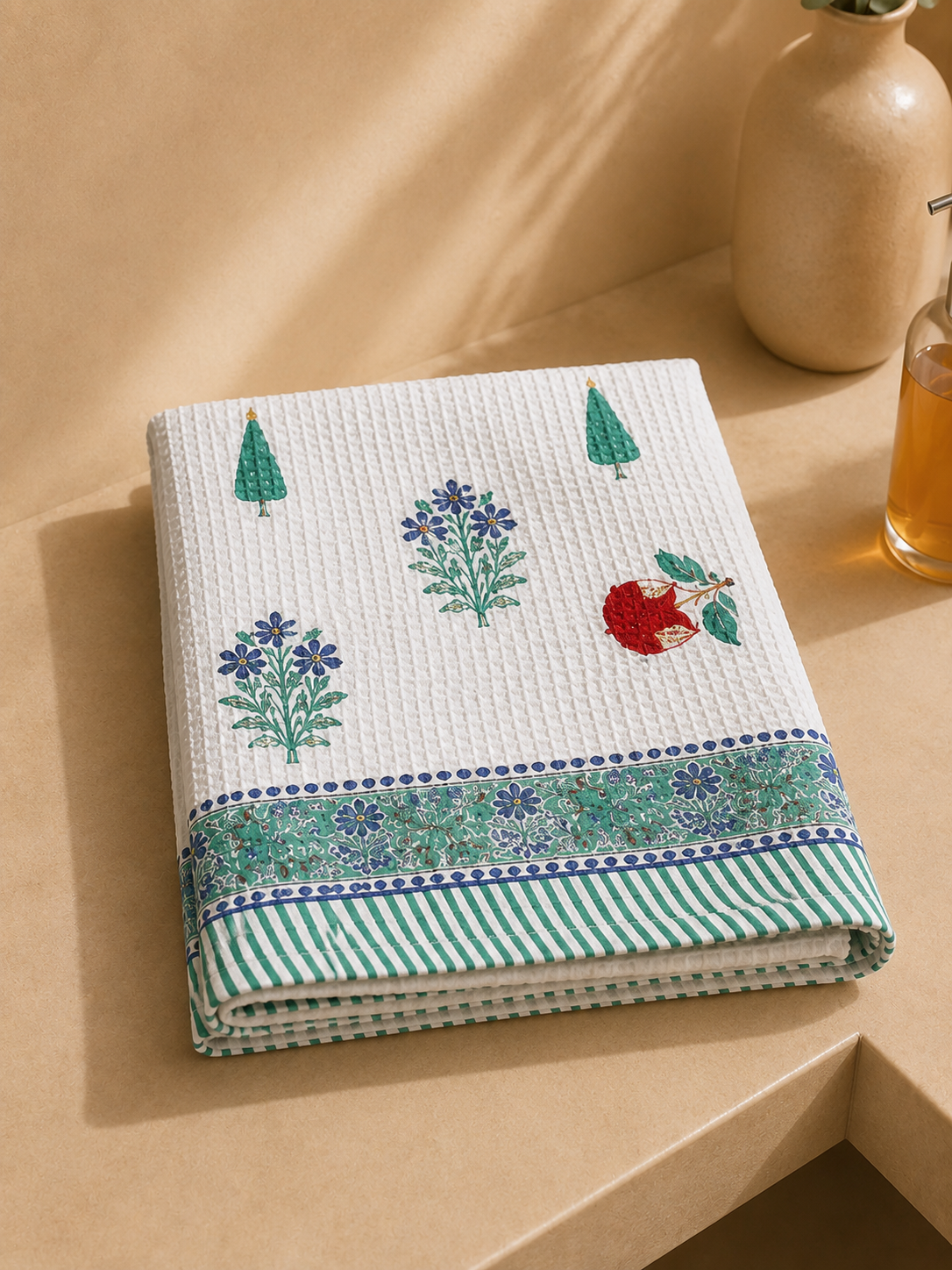 COTTON WAFFLE BATH TOWEL – IVORY WHITE WITH BOTANICAL FLORAL PRINT