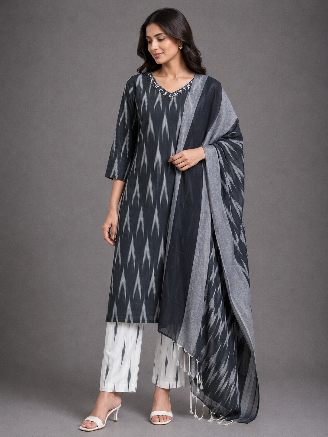 BLACK IKAT HANDLOOM COTTON SUIT SET