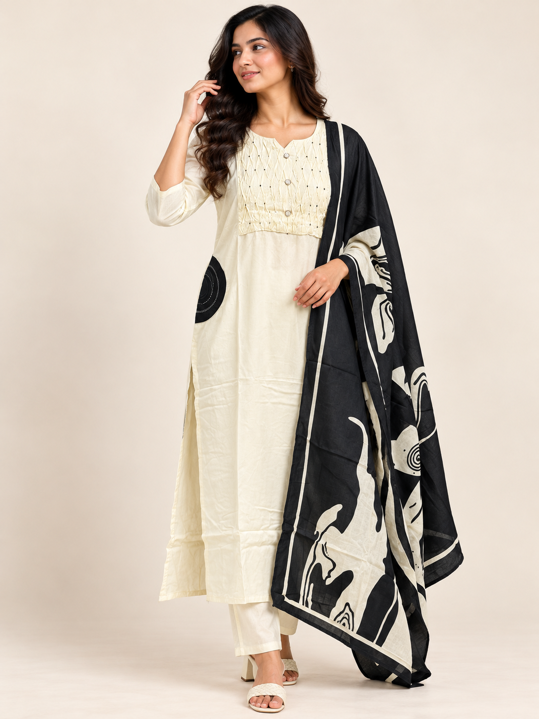 IVORY SALWAR SET WITH BLACK PRINTED SHAWL