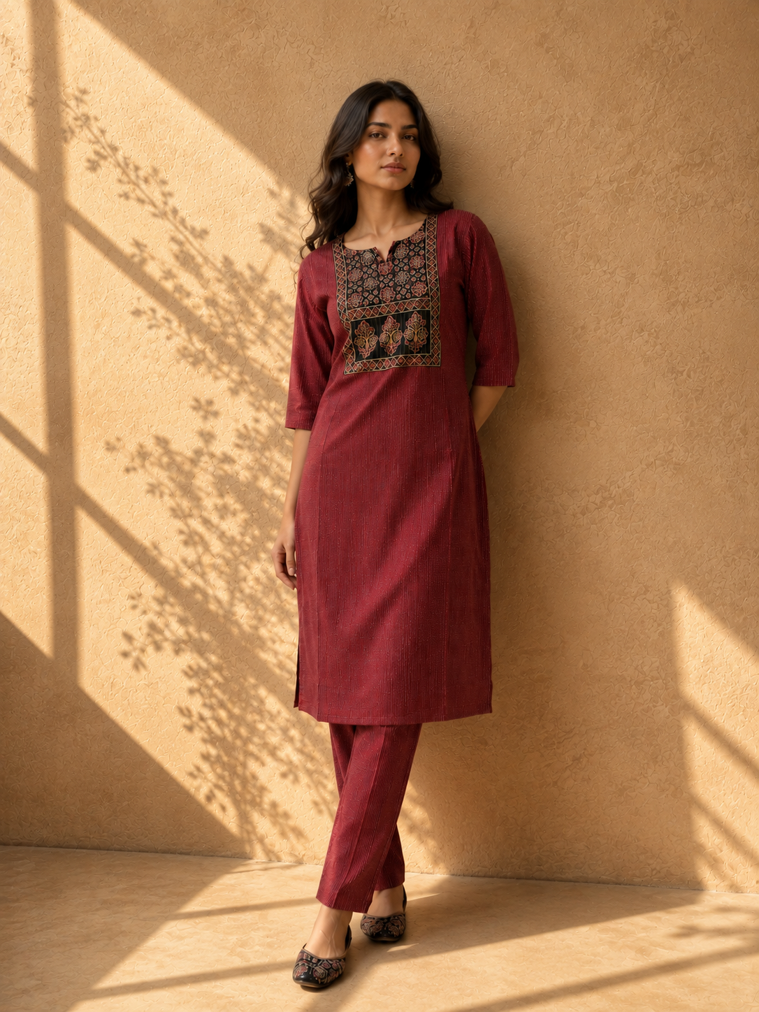 KANTHA KURTHI SET (RED FLORAL)