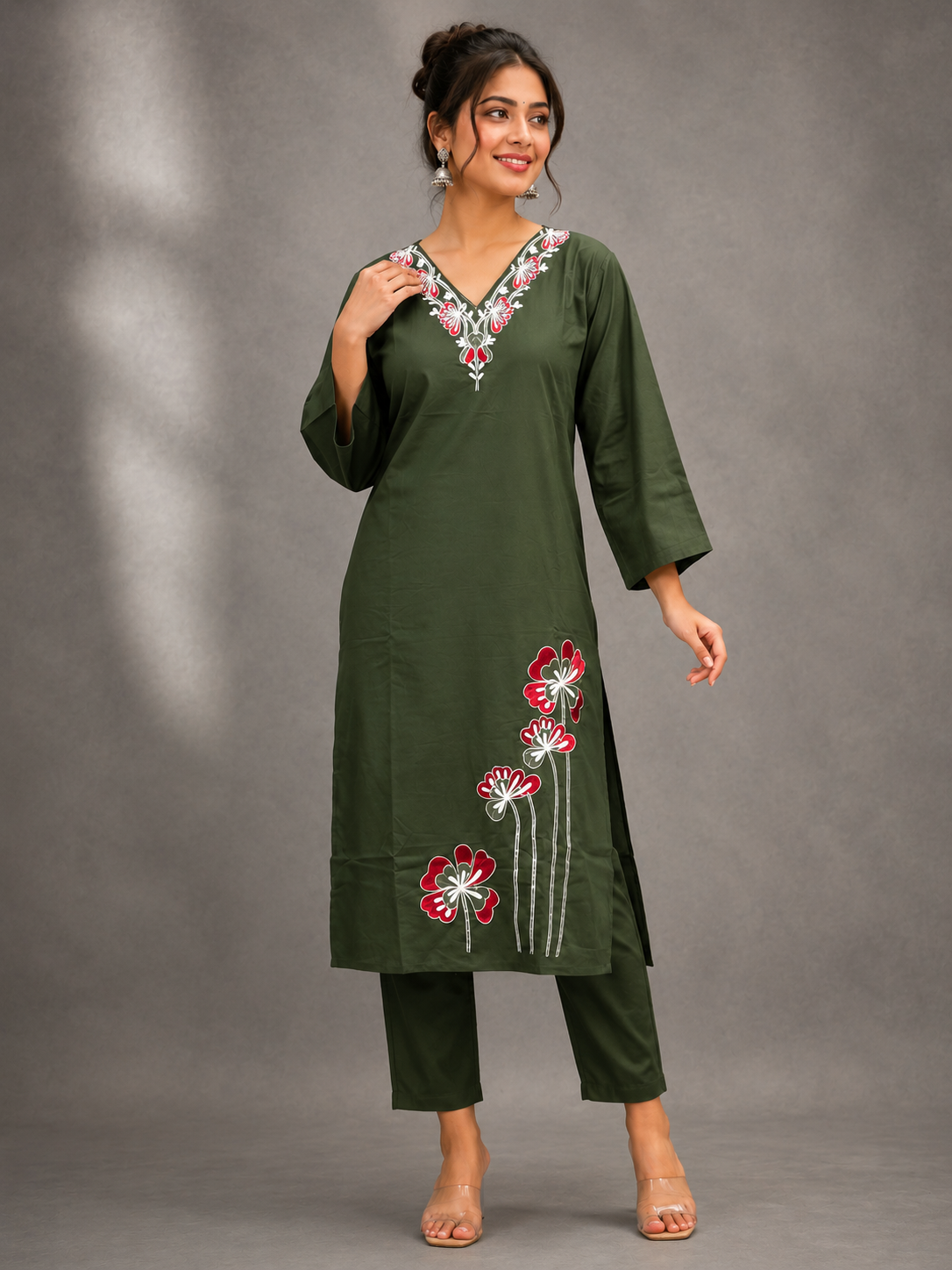 DHABU COTTON KURTHI SET (DARK OLIVE GREEN)