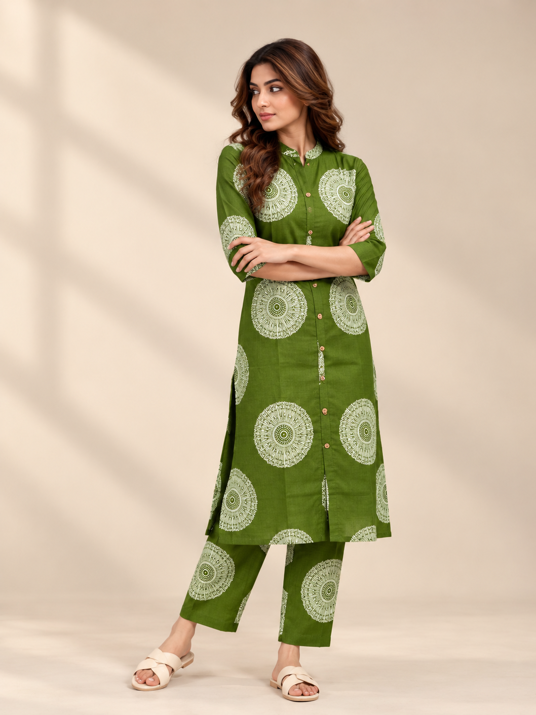 OLIVE GREEN PRINTED COTTON BLEND KURTI SET