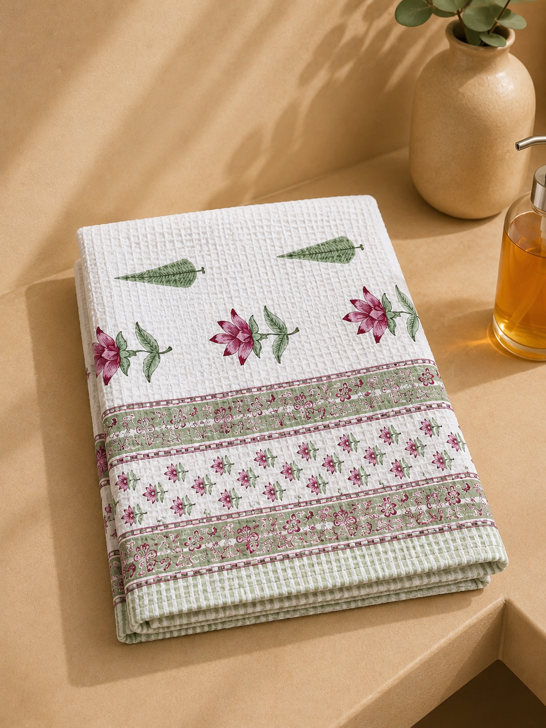 COTTON WAFFLE BATH TOWEL – IVORY WHITE WITH PINK LOTUS FLORAL PRINT