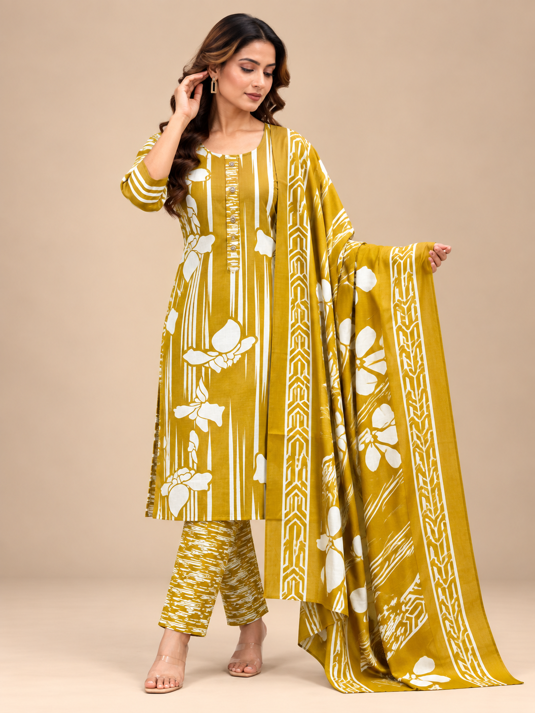 MUSTARD YELLOW FLORAL STRIPED PRINTED COTTON-BLEND SALWAR SET