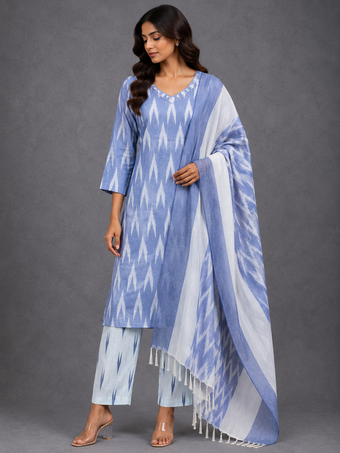 DENIM IKAT HANDLOOM COTTON SUIT SET